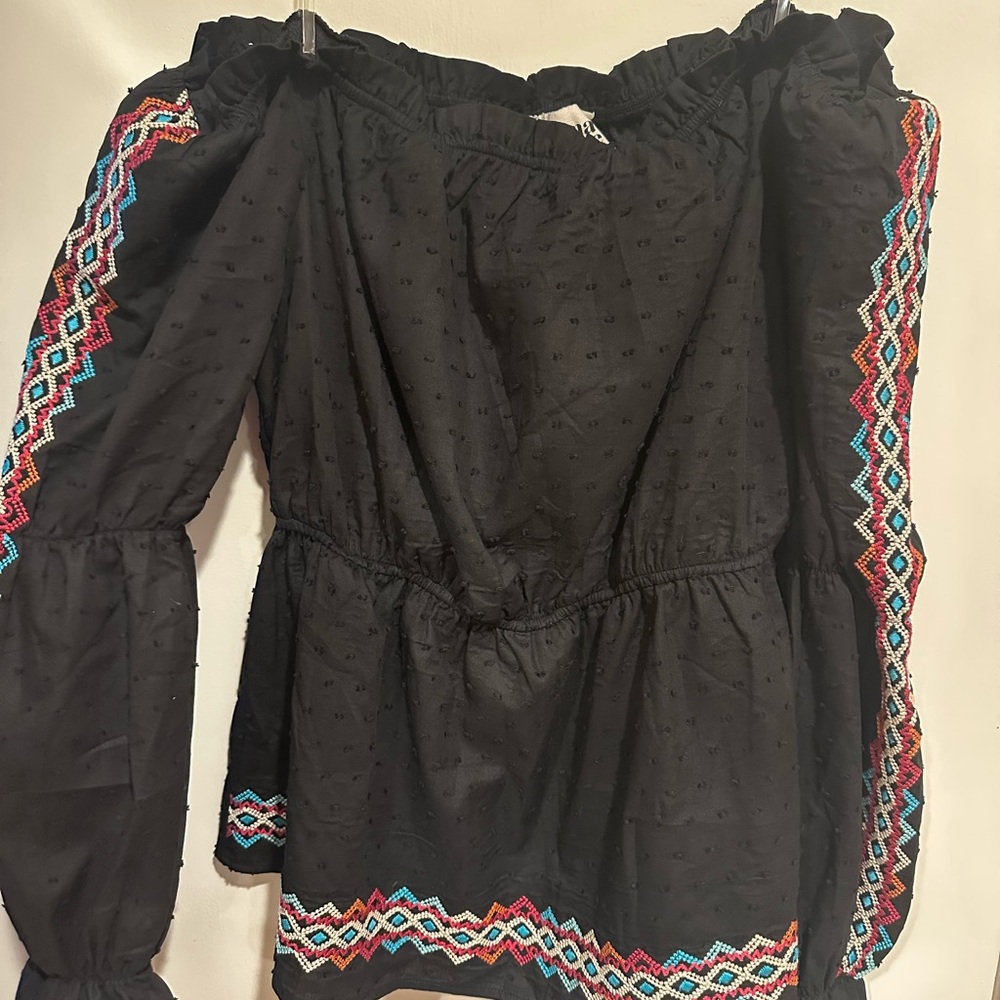 Boho Black Off-Shoulder Top with Embroidered Trim